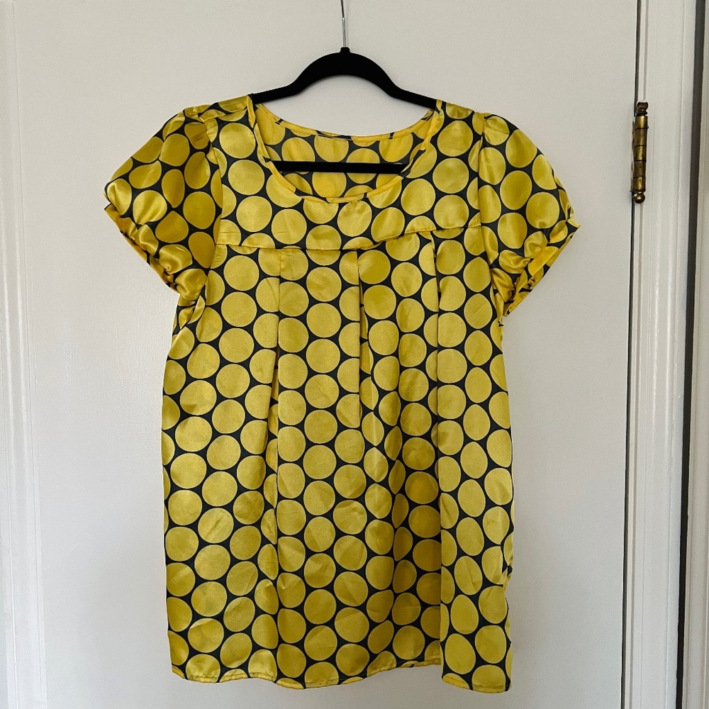 Vintage Yellow Polka Dot Silk Empire Waist Puff Sleeve Blouse